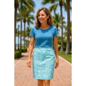 Talbots Petites Mosaic Sea Turtle Print Pencil Skirt Blue Green - Size 8P